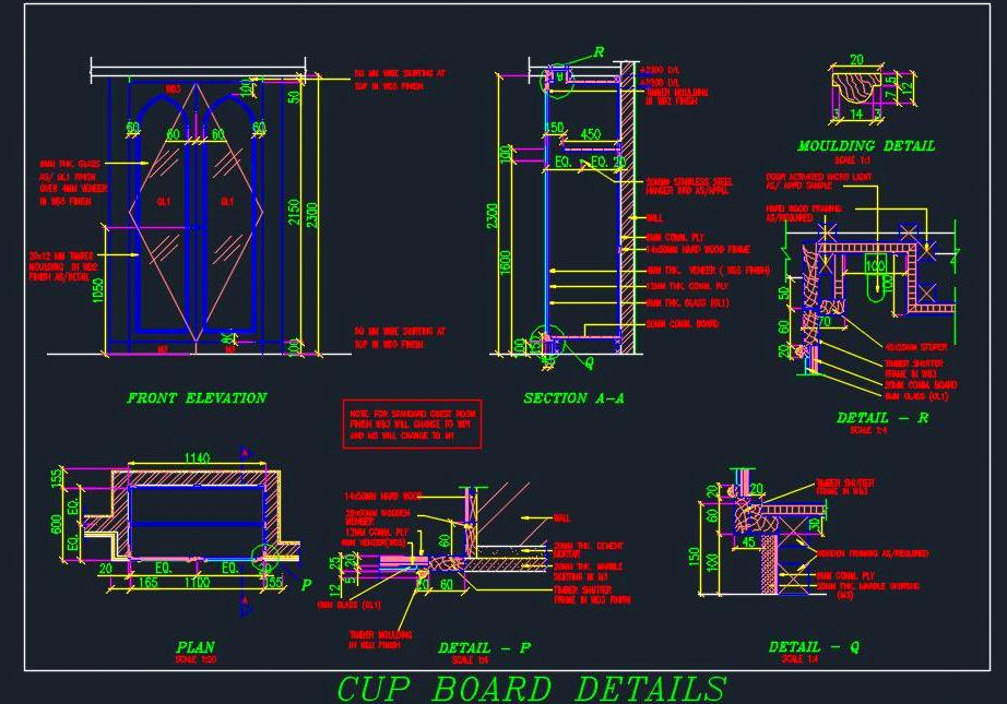 Glass Shutter Cupboard DWG- Detailed Plan and Elevation